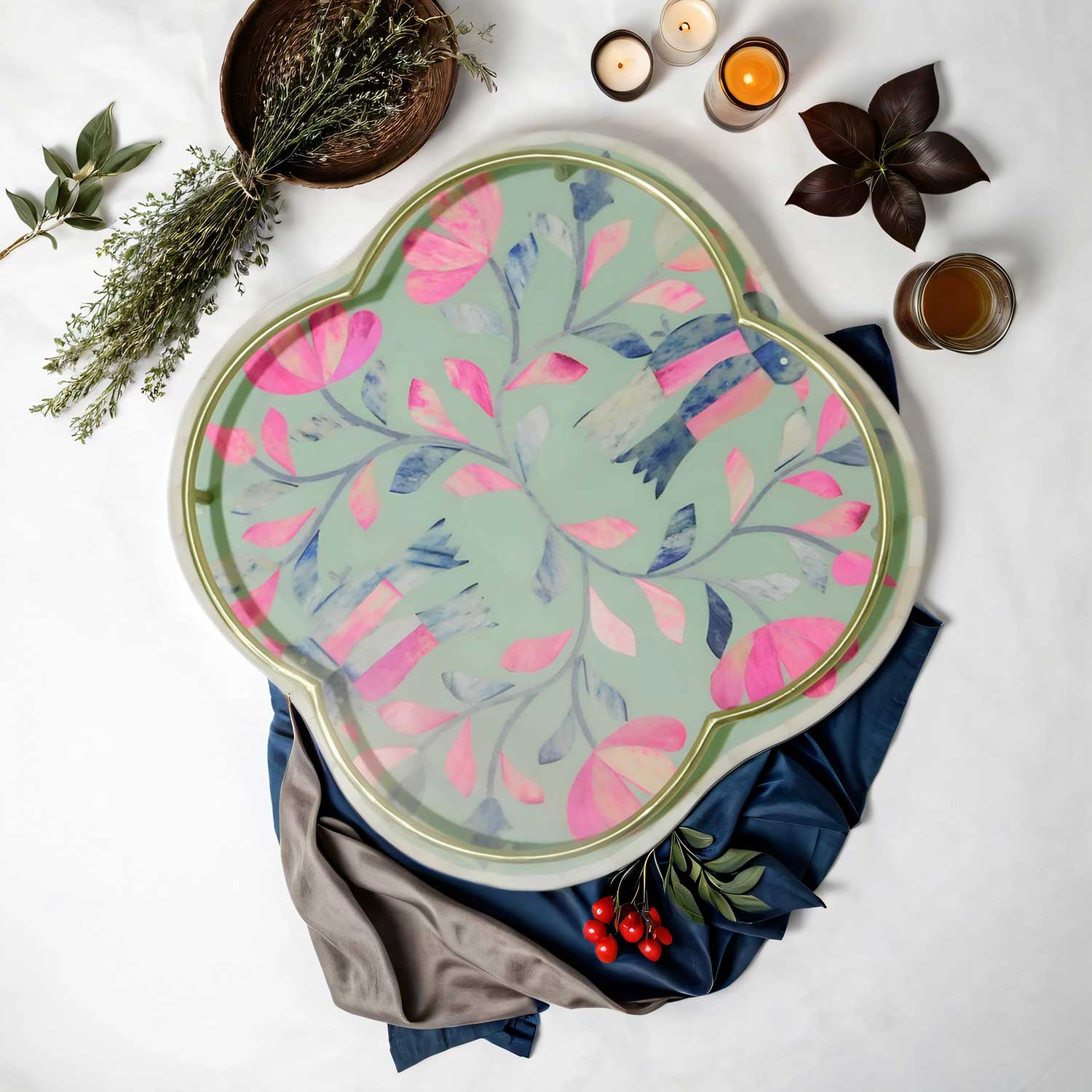 Clover Tray Small  - Green and Pink Peranakan Inlay - ipse ipsa ipsum