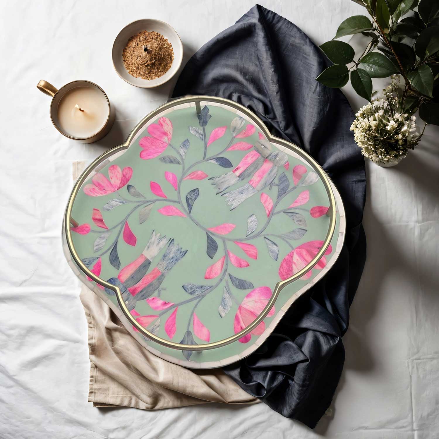 Clover Tray Small  - Green and Pink Peranakan Inlay - ipse ipsa ipsum