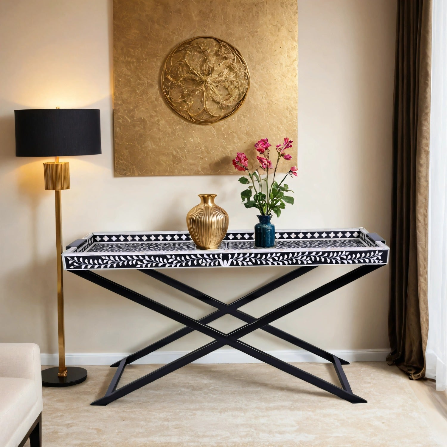 Nymeria Console Table with Black and White Floral Bone Inlay - ipse ipsa ipsum