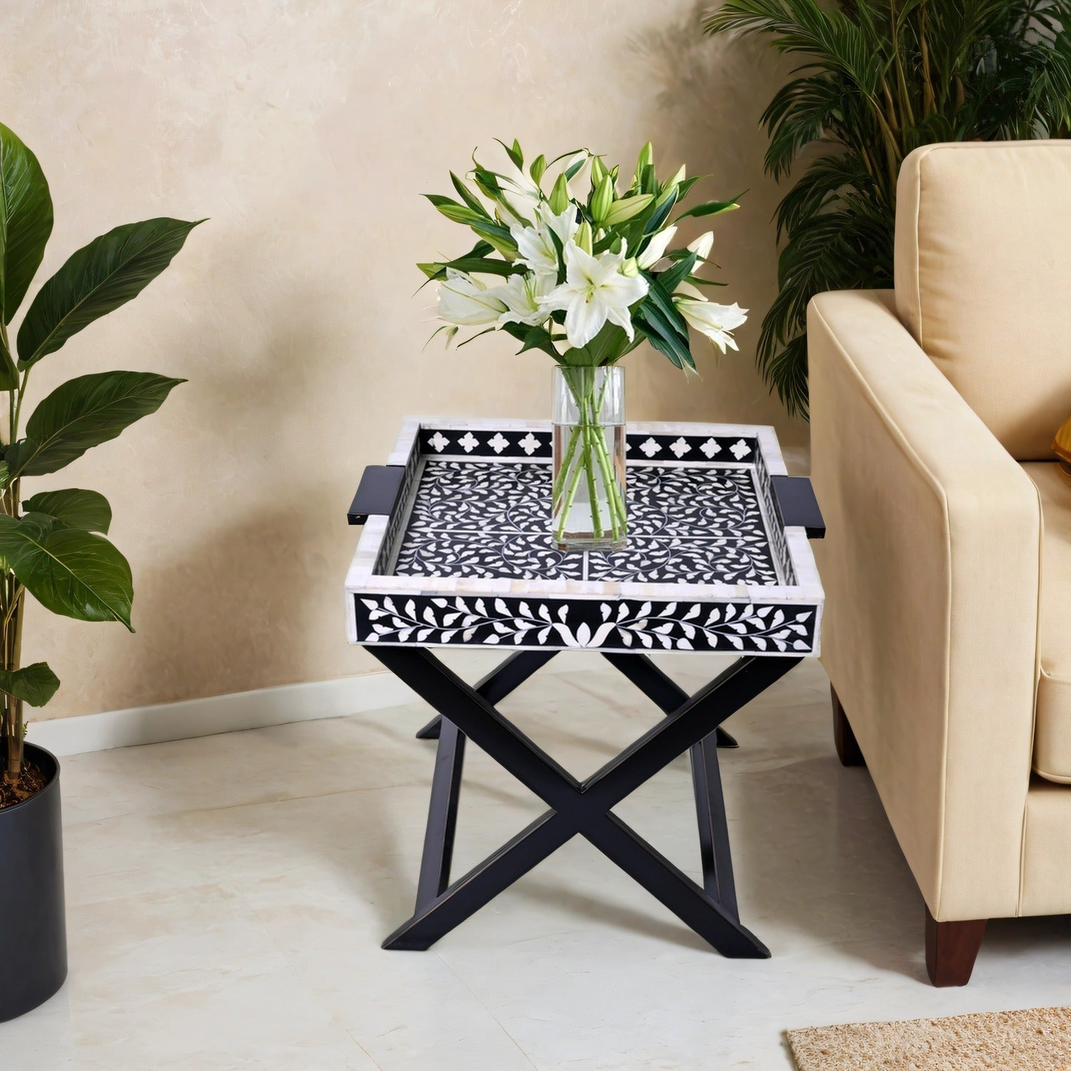 Nymeria Side Table with Black and White Floral Inlay - ipse ipsa ipsum