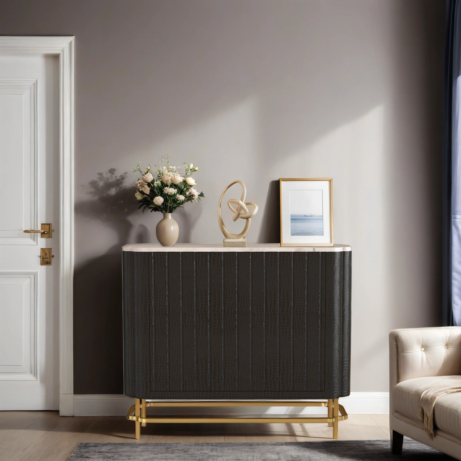 Maharaja Tall With Marble Black Leather Sideboard - ipse ipsa ipsum