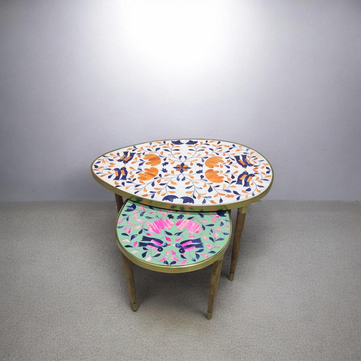 Tear Drop Coffee Table - Large in White Blue Orange - Small in Pink & Green Peranakan Inlay