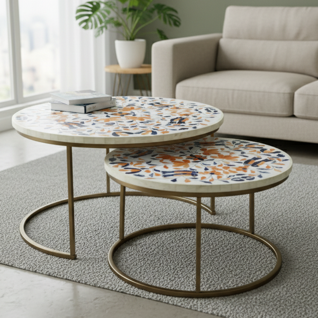 White, Blue & Orange Peranakan Inlay Mini Keong Siak Nesting Table – Flat Top – Pret