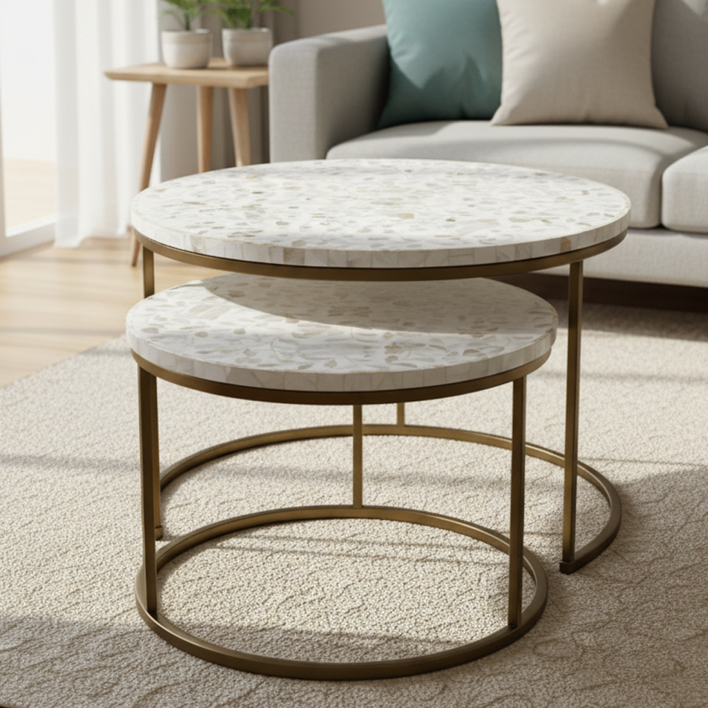 White on White MOP Mini Keong Siak Nesting Table – Flat Top – Pret