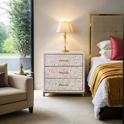 Adam Park Bone Inlay Bedside Table - White On White Floral Inlay - ipse ipsa ipsum