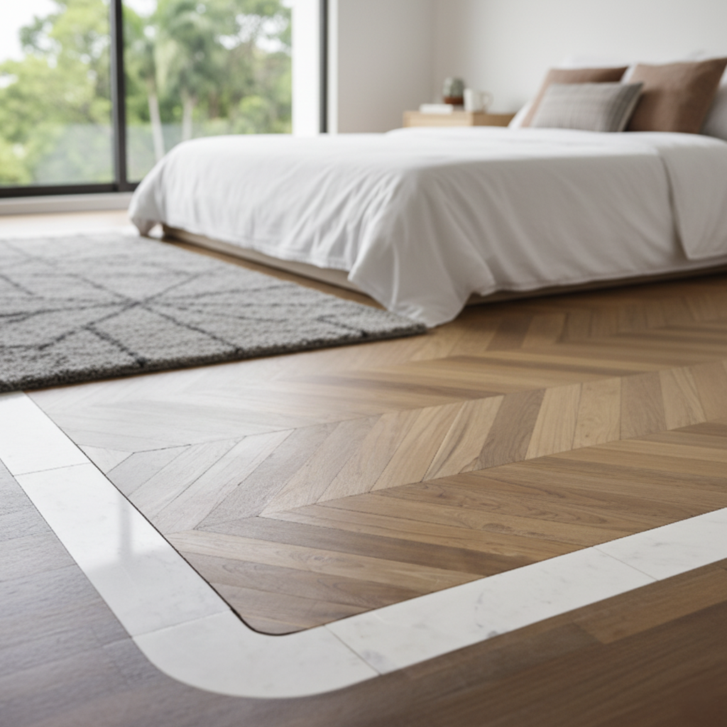 Herringbone Design -  Reclaimed Teak Flooring with Marble Border