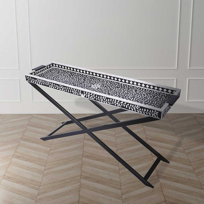 Nymeria Console Table with Black and White Floral Bone Inlay
