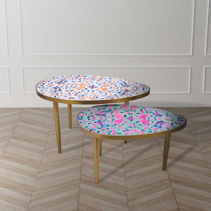 Tear Drop Coffee Table - Large in White Blue Orange - Small in Pink & Green Peranakan Inlay