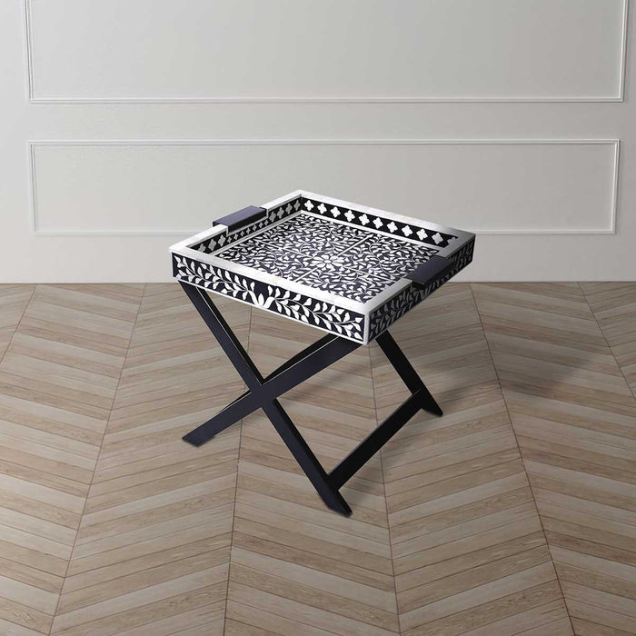 Nymeria Side Table with Black and White Floral Inlay