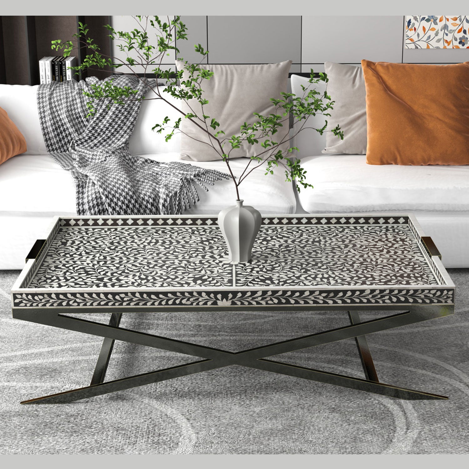 Nymeria Bone Inlay Coffee Table- Black and White Floral Inlay - ipse ipsa ipsum