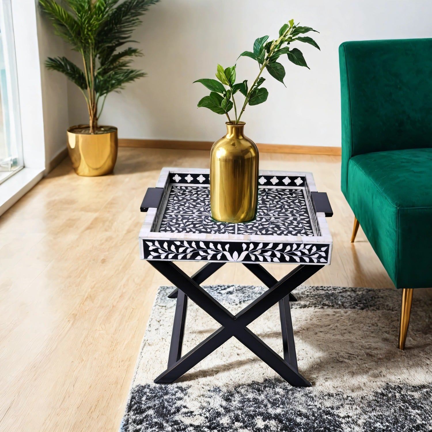 Nymeria Side Table with Black and White Floral Inlay - ipse ipsa ipsum