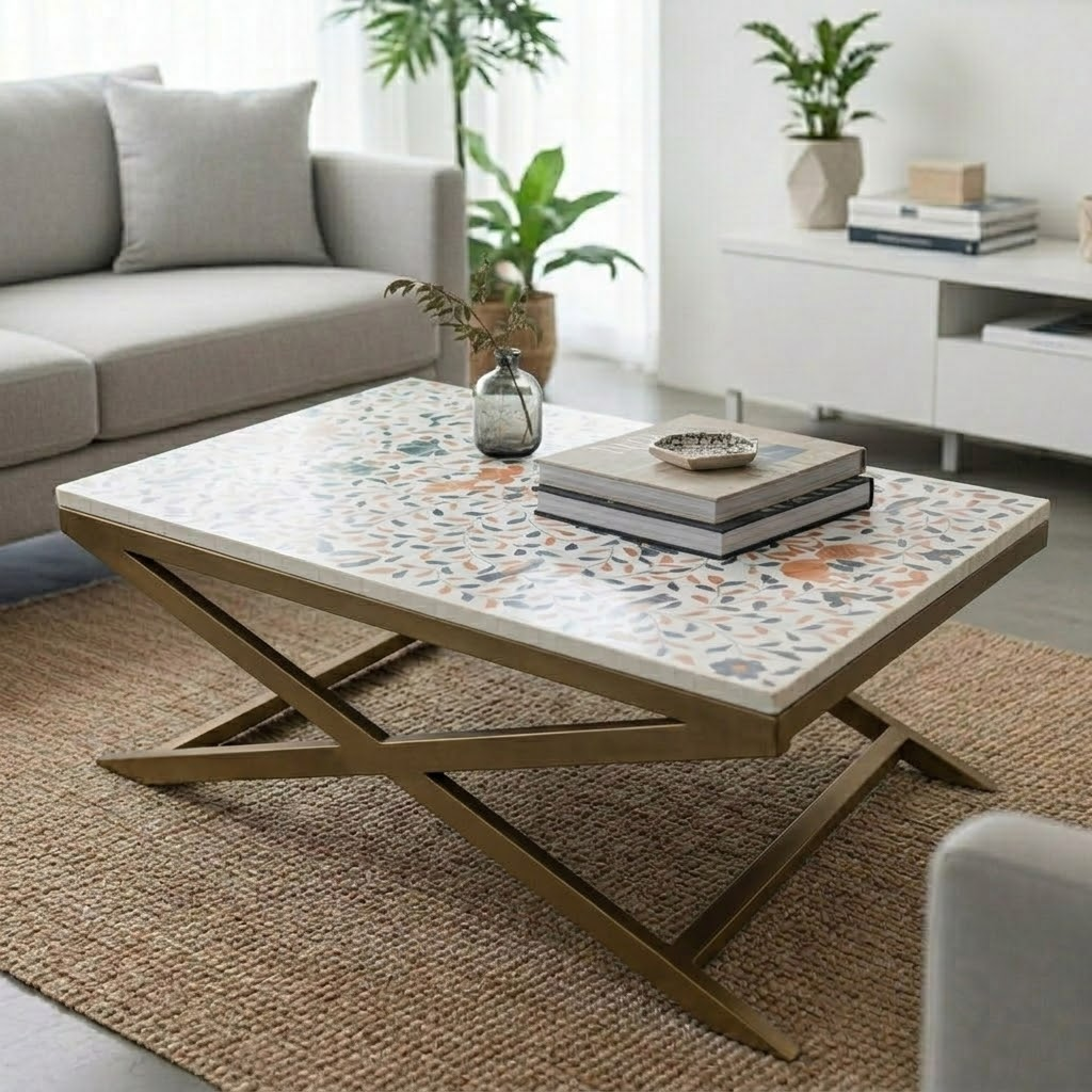 White, Blue & Orange Peranakan Inlay Nymeria Coffee Table – Flat Top – Pret