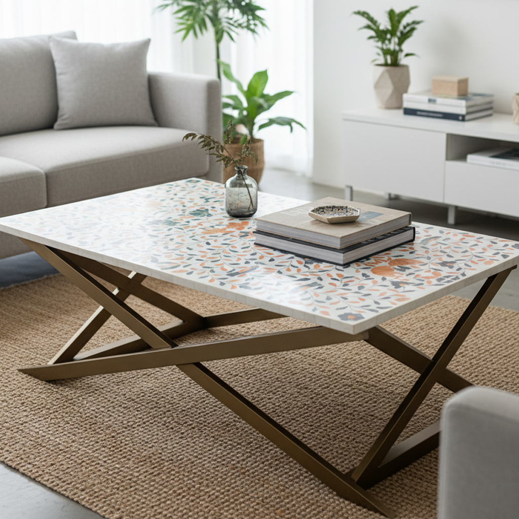 White, Blue & Orange Peranakan Inlay Nymeria Coffee Table – Flat Top – Pret