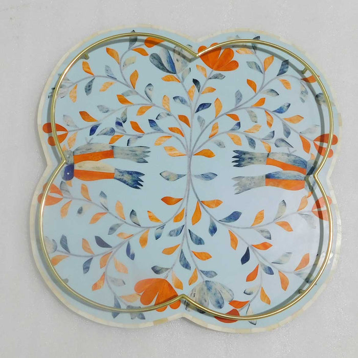 Clover Tray Small  - Turquoise Blue and Orange Peranakan Inlay