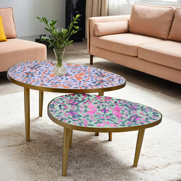 Tear Drop Coffee Table - Large in White Blue Orange - Small in Pink & Green Peranakan Inlay - ipse ipsa ipsum