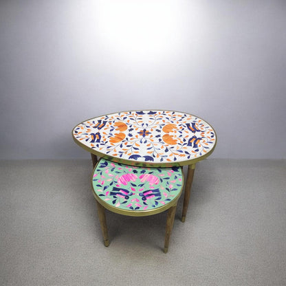 Tear Drop Coffee Table - Large in White Blue Orange - Small in Pink & Green Peranakan Inlay